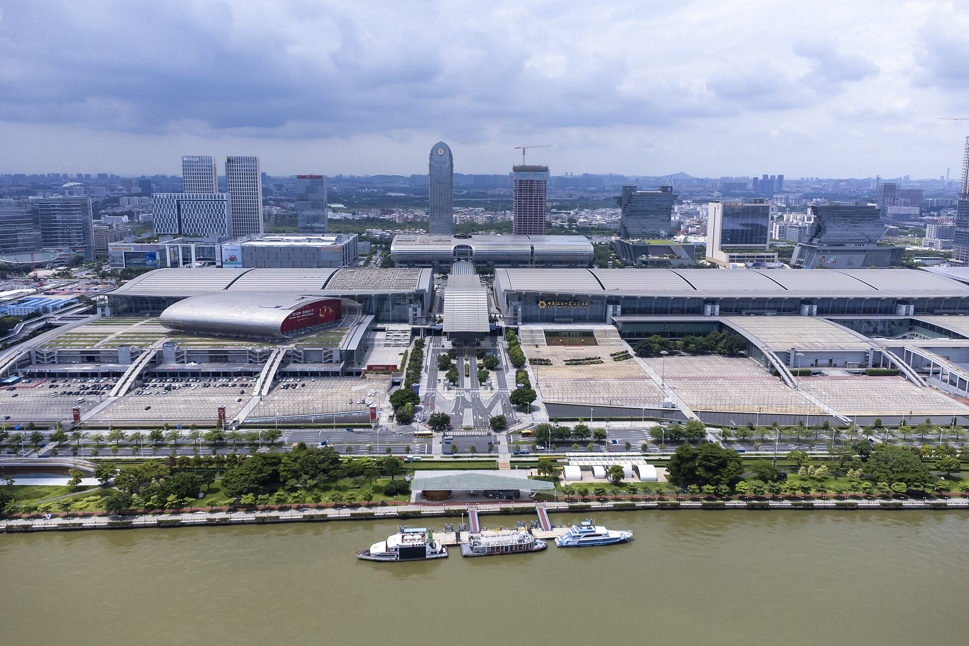 Aerial view of the Canton Fair Complex at Pazhou, Guangzhou, seen across the Pearl River