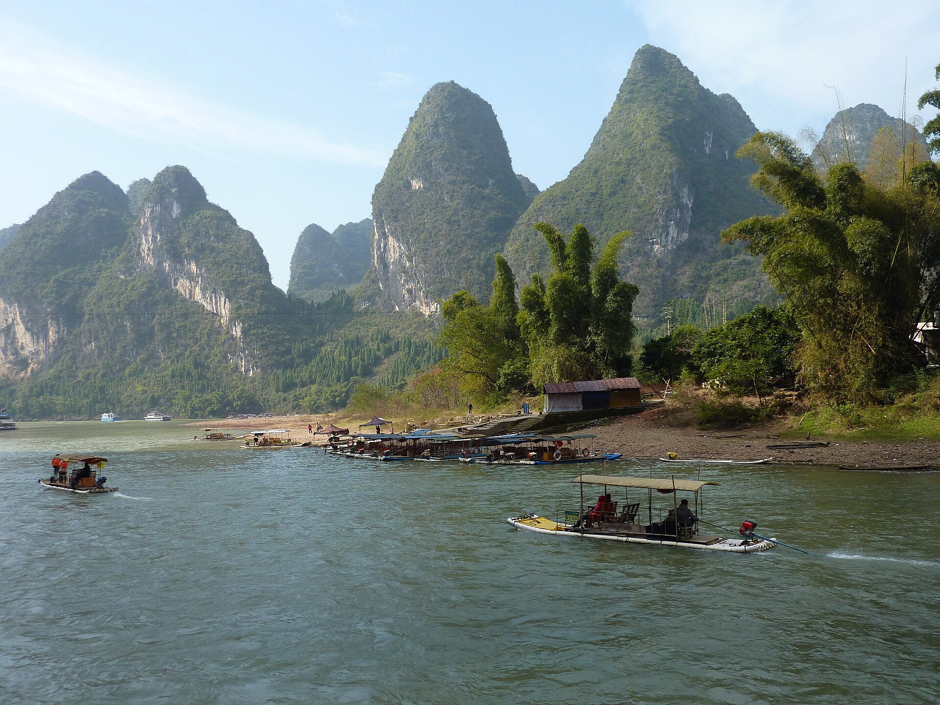 Bamboo rafts on the Li River below Guilin's karst peaks