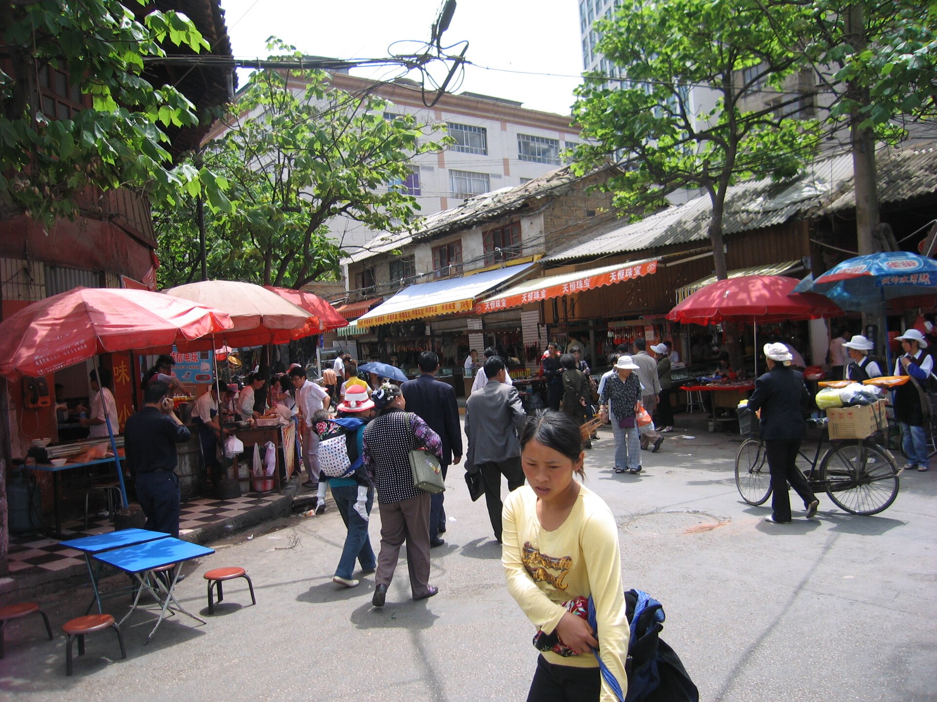 A busy lane of Kunming's Flower and Bird Market, lined with small shops, stalls and food stands