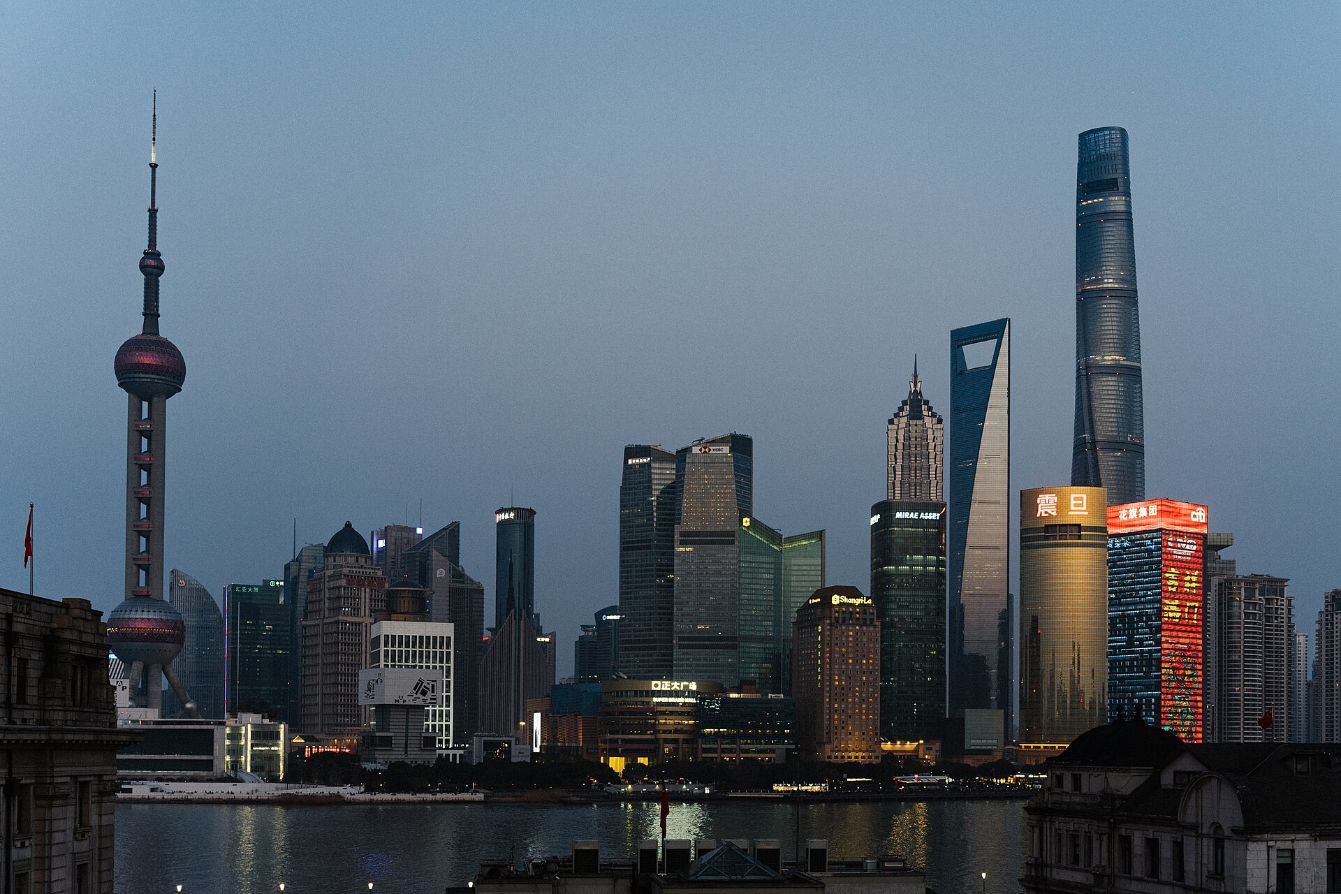 The Bund promenade facing the Lujiazui skyline across the Huangpu River