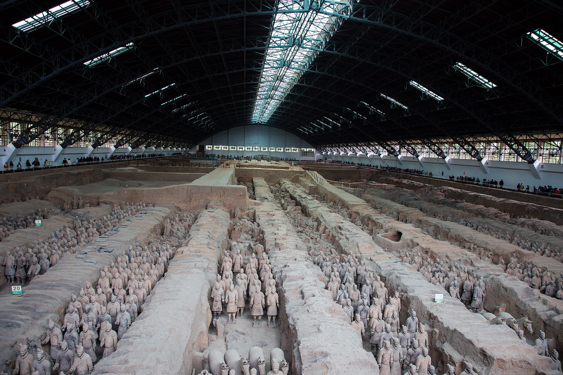 Rows of Terracotta Warriors standing in the excavated Pit 1 hall