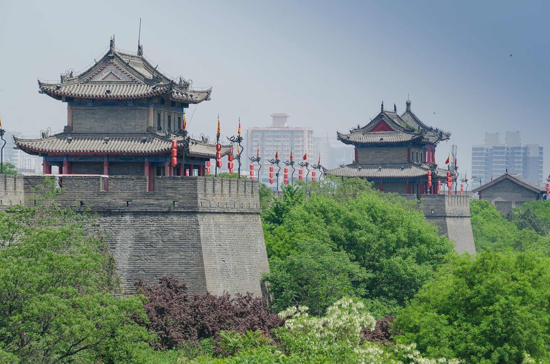 Xi'an city wall and gate towers in daylight