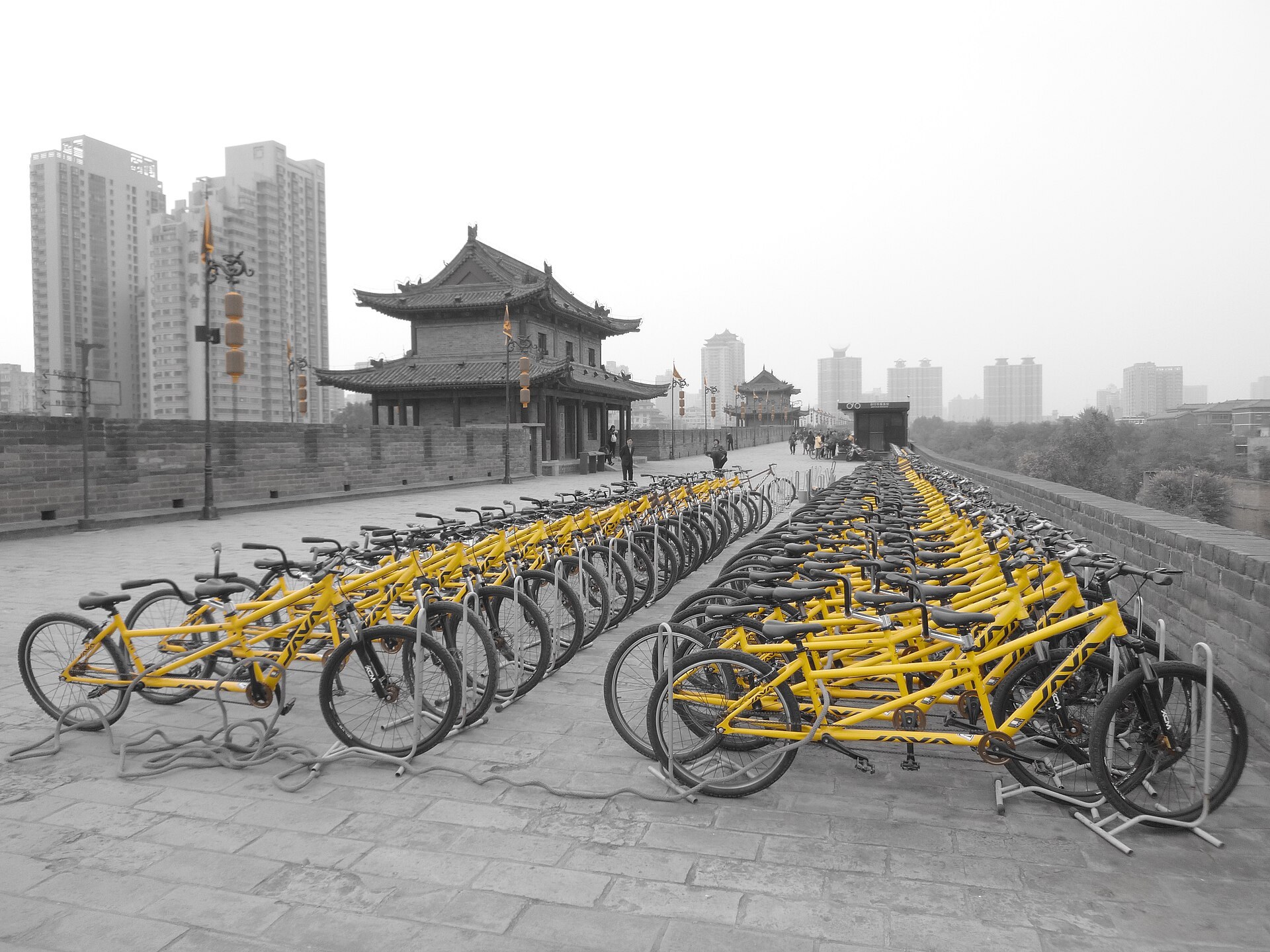 Rows of rental bicycles lined up on top of Xi'an's city wall
