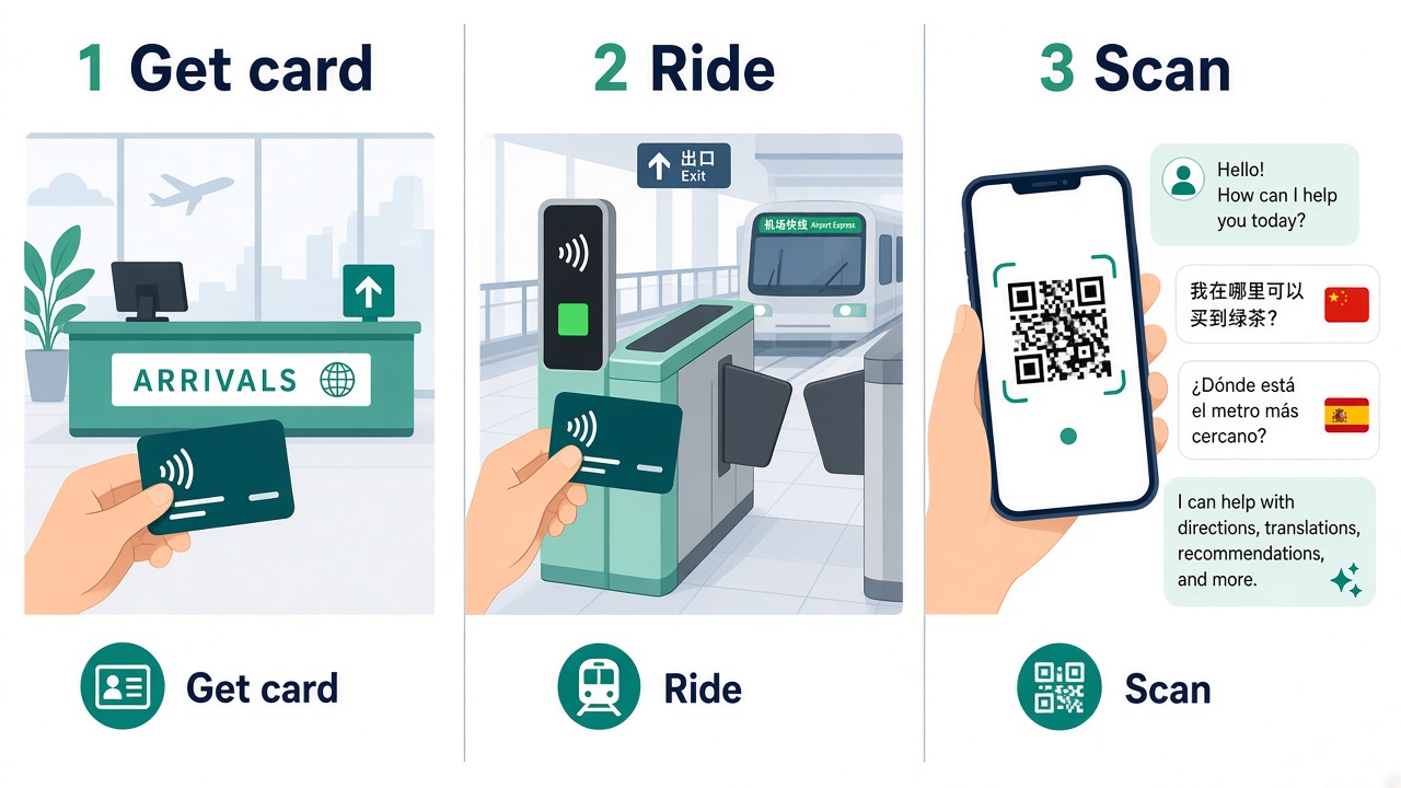 Three-step diagram: airport counter, tap transit, scan QR
