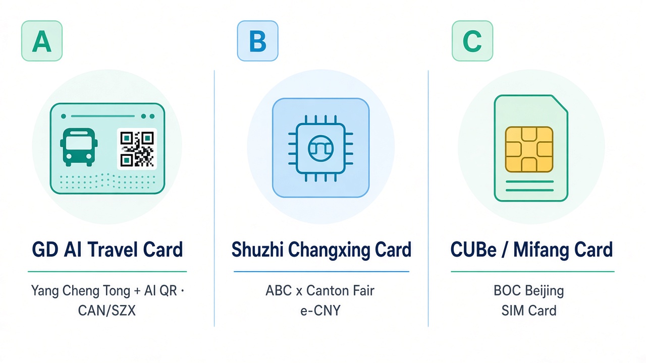 Three labeled cards: Guangdong AI Travel Card vs 数智畅行卡 vs CUBe / 幂方卡